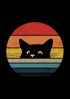 Retro Cat Silhouette in Sunset Circle