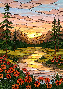 Stained Glass Mountain Landscape with River