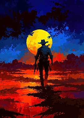 Cowboy Silhouette Under a Yellow Moon
