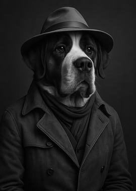Saint Bernard Dog Detective in Trench Coat