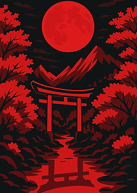 Red Moon Torii Gate Landscape