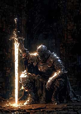 Knight with Glowing Sword in Darkness