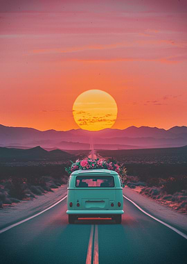 Vintage Van with Flowers at Sunset