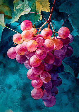 Watercolor Grape Cluster with Leaves