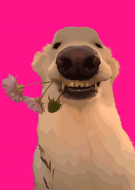 Dog with Flowers on Pink Background