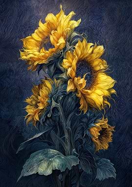 Sunflowers on Dark Blue Background