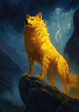 Golden Wolf on Mountain Peak