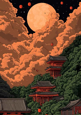 Japanese Temple Under a Full Moon