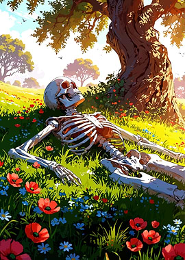 Skeleton Resting in a Flower Field
