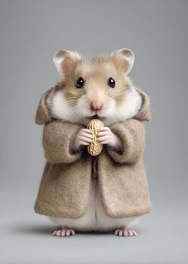 Hamster in Coat Holding Peanut