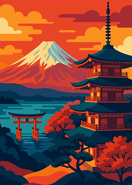 Japanese Landscape with Pagoda and Mountain