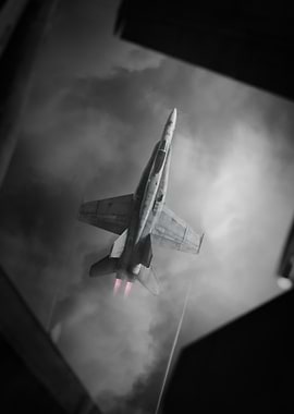 Fighter Jet Ascending Through Cloudy Sky