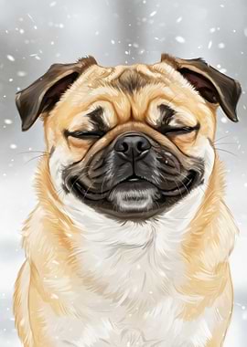 Smiling Pug in Winter Snowfall