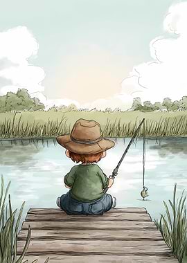 Boy Fishing on Dock Illustration