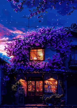 Purple Flowers Shopfront at Night