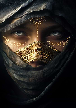 Mysterious veiled figure with golden mask