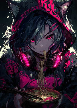 Anime Girl with Ramen and Headphones