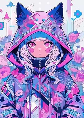 Anime Girl with Floral Hoodie