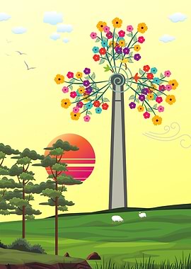 Floral Wind Turbine Landscape Illustration