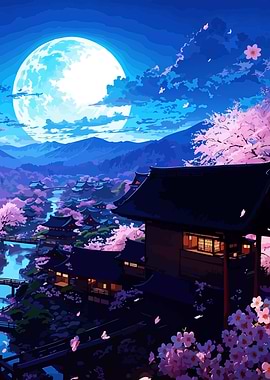 Japanese Village Under Moonlight
