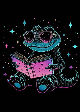 Cool Alligator Reading Book in Space