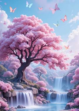 Pink Blossom Tree and Waterfalls