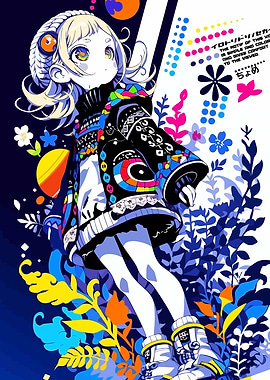 Colorful Anime Girl with Floral Background