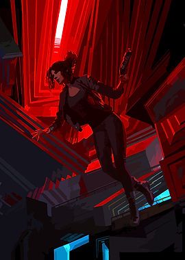Woman with Gun in Red Environment