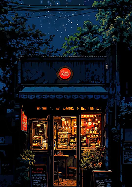 Nighttime Storefront with Starry Sky