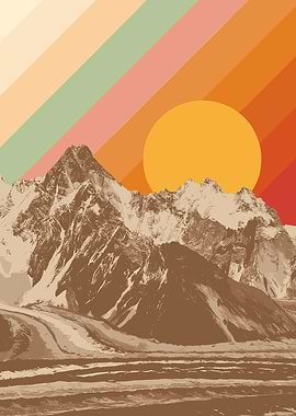 Retro Mountain Landscape with Sunset