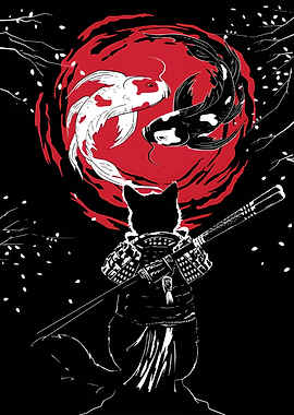 Samurai Cat with Koi Fish Yin Yang