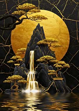 Golden Waterfall and Bonsai Trees