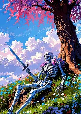 Skeleton with Sword Under Cherry Tree