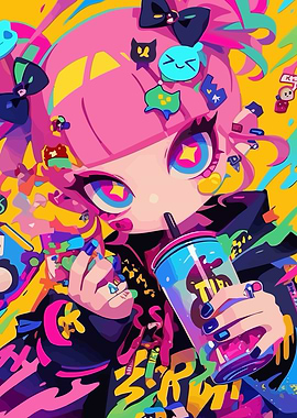 Colorful Anime Girl Drinking