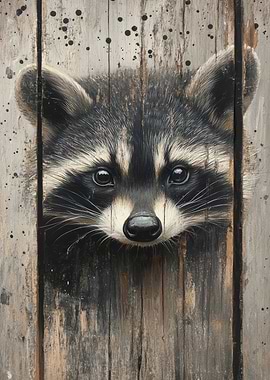 Raccoon Peeking Through Wooden Slats | | Forest Animal Wall Print