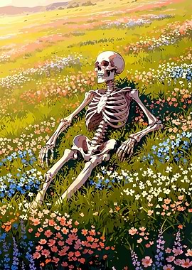 Skeleton Resting in Flower Field