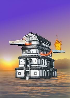 Floating Temple with Burning Boats Over Violet Clouds