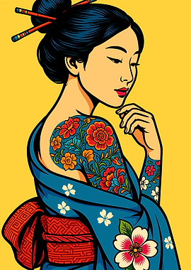 Tattooed Geisha in Blue Kimono
