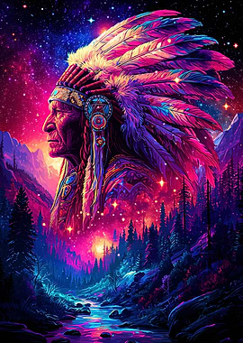 Native American Chief in Cosmic Landscape
