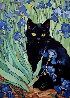 Black Cat in Irises Garden