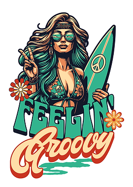 Feelin' Groovy Hippie Surfer Girl Art