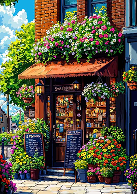 Charming Flower-Adorned Shopfront Illustration