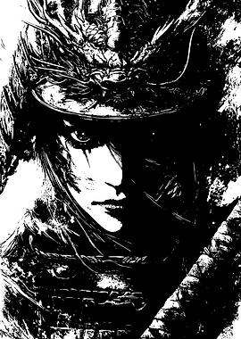 Samurai Warrior Black and White Portrait