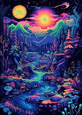 Psychedelic Forest Landscape with River