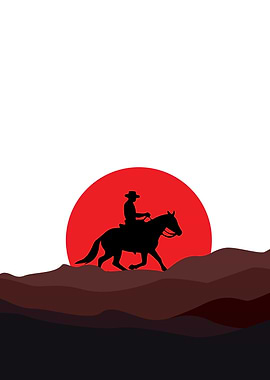 Cowboy Silhouette Riding Horse at Sunset