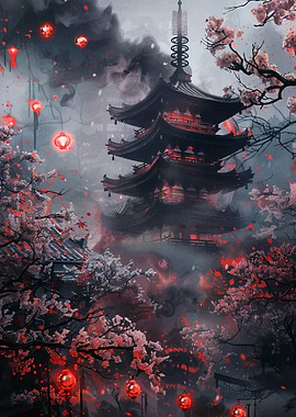 Japanese Pagoda with Cherry Blossoms