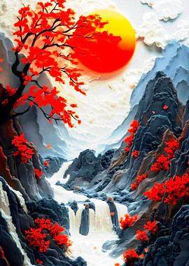 Japanese Landscape with Red Foliage