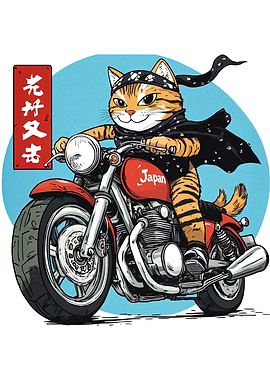 Cat riding motorcycle with Japan text