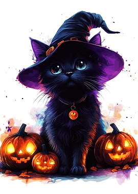 Halloween Cat with Pumpkins