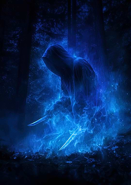 Hooded Figure with Knives in Forest